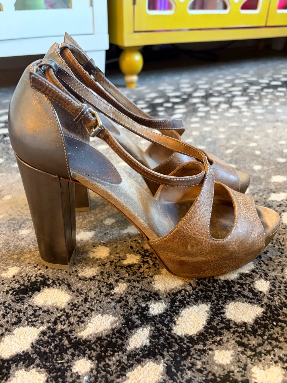 Brunello Cucinelli Tan Bronze Platform Heel Sandals Cross Strap Front 7 37